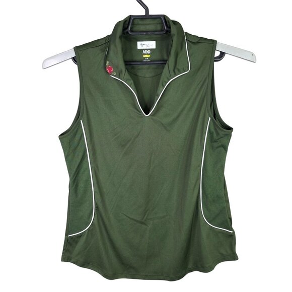 Womens Greg Norman ML75 Green Sleeveless Golf Polo Shirt Embroidered Rose Size L - Picture 1 of 7